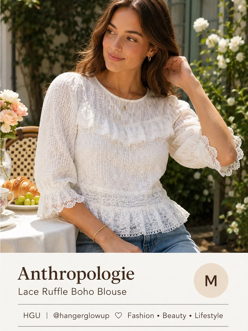 Anthropologie NWT White Boho Cottagecore Lace Smocked Blouse Medium